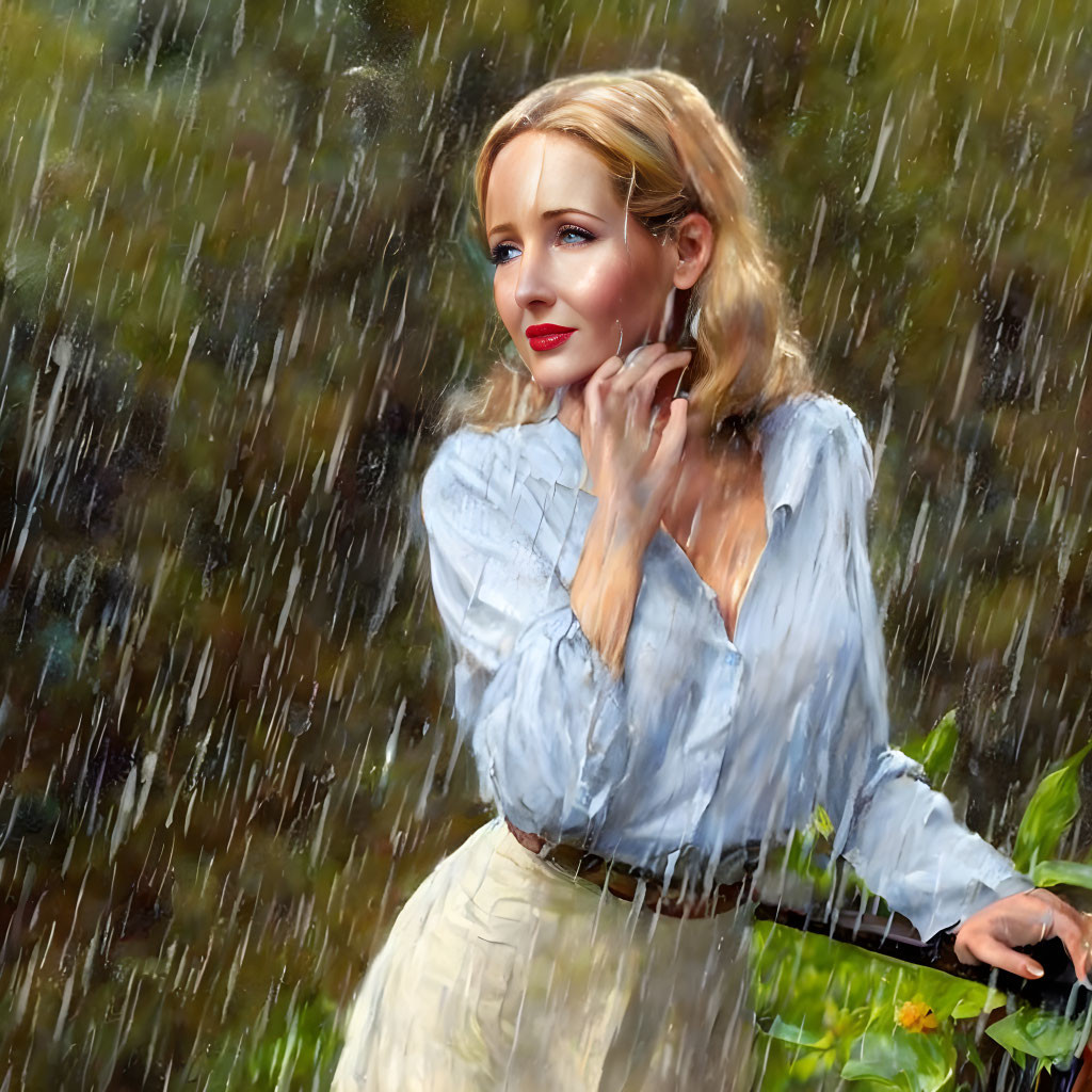 Woman in white blouse and beige skirt contemplating in the rain