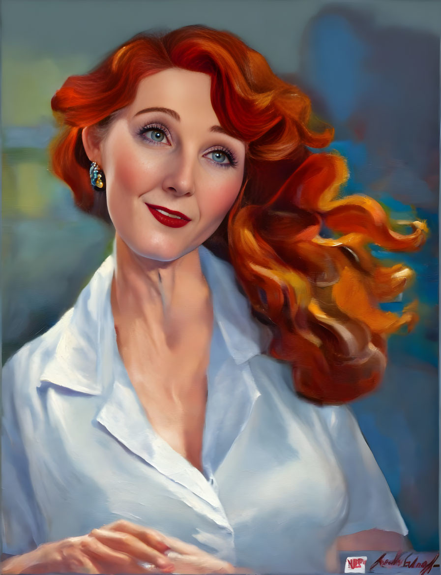 Smiling woman portrait with red hair and blue eyes wearing white shirt