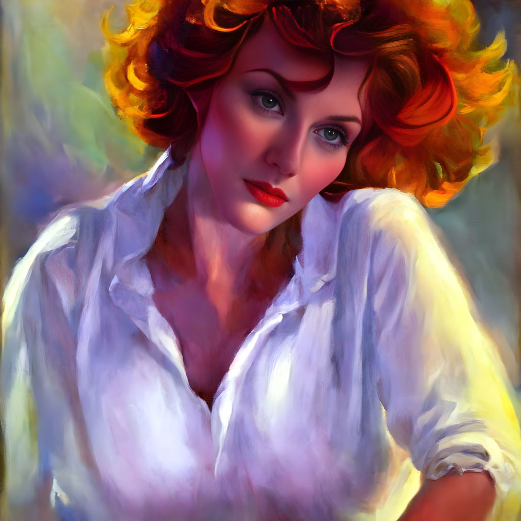 Digital painting of woman with fiery red hair and blue eyes in white blouse.