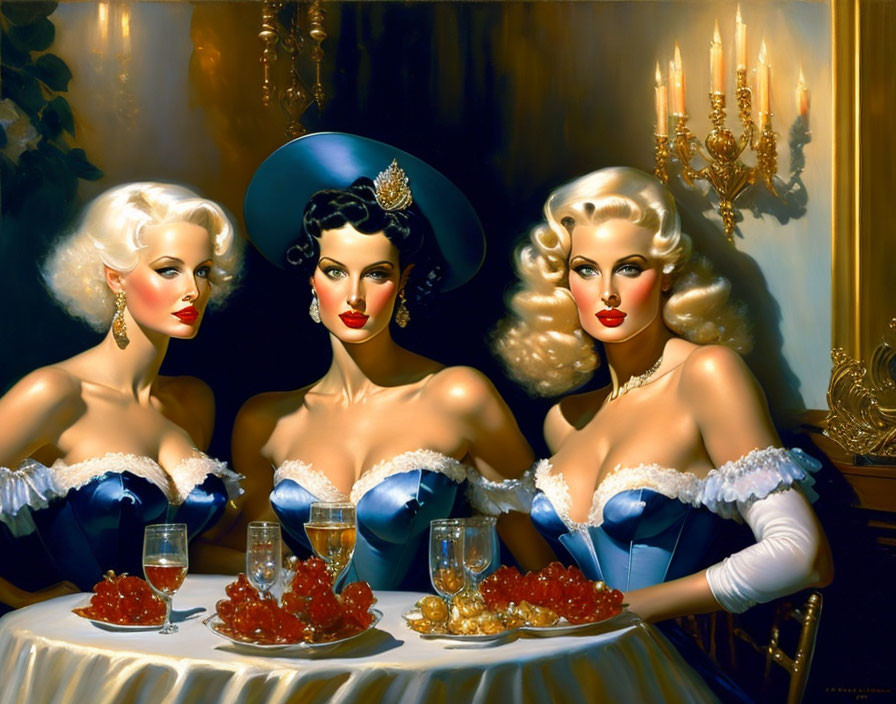 Vintage Animated Women in 1950s Hollywood Style Dining Scene