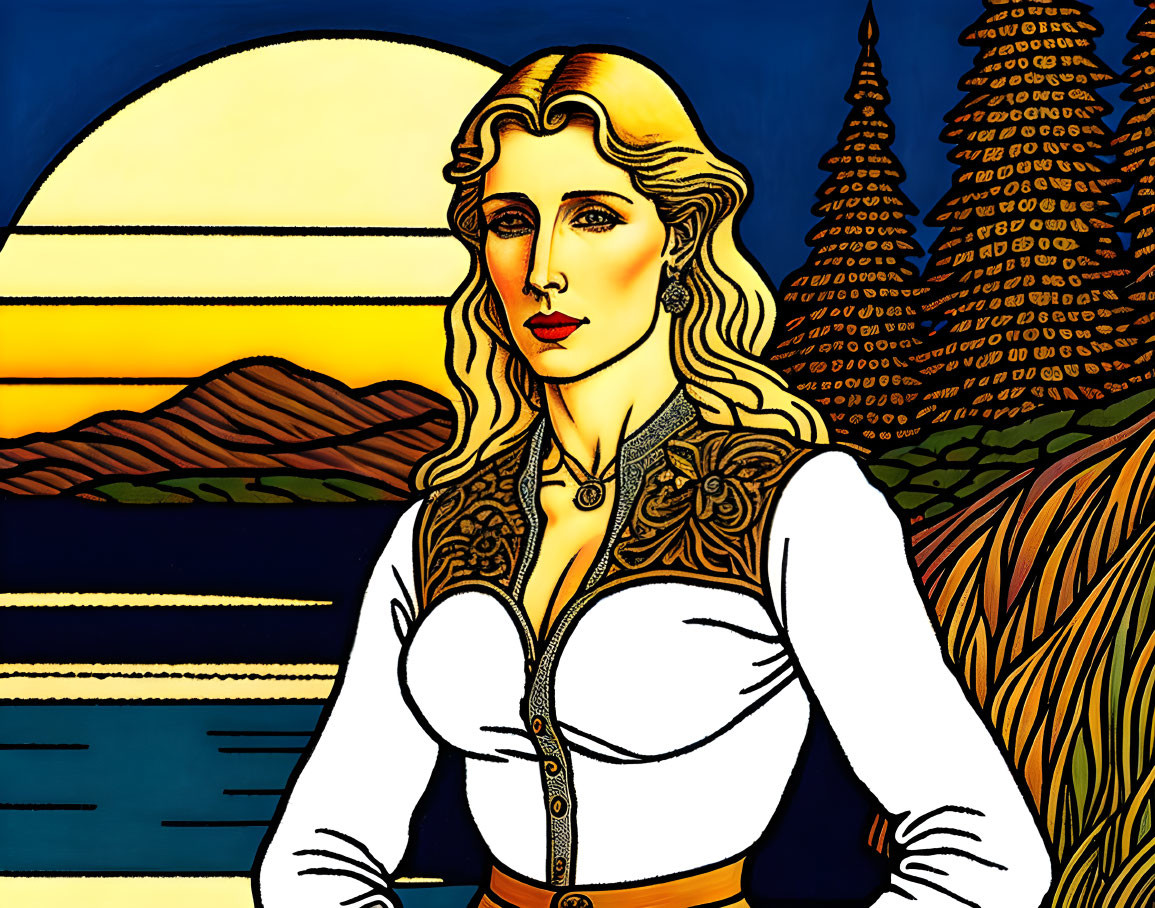 Stylized woman in sunset landscape with art nouveau elements