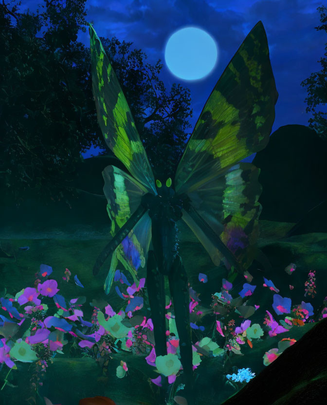 Vibrant giant butterfly in mystical moonlit garden