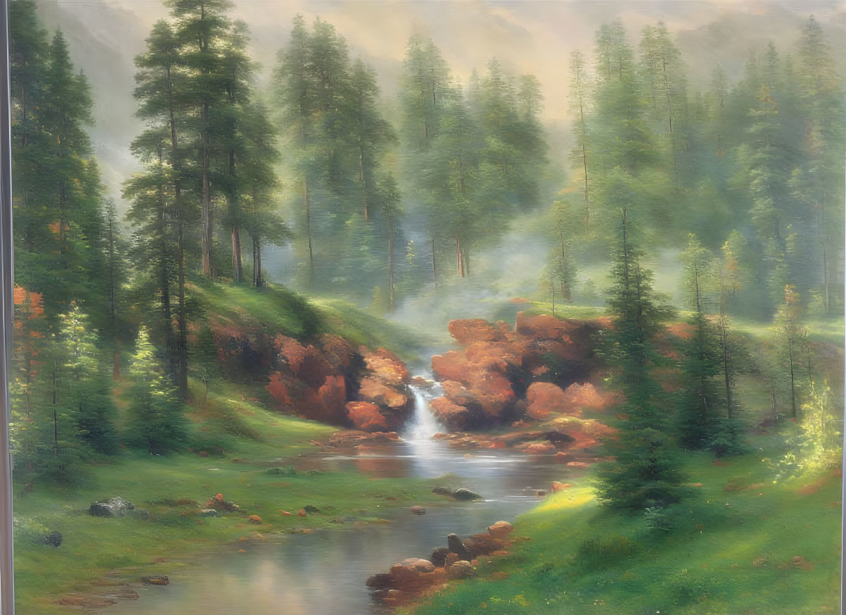 Tranquil forest with towering pine trees, gentle waterfall, serene stream, and soft sunlight.