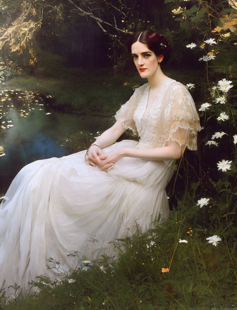 Woman in white vintage dress by tranquil pond with daisies