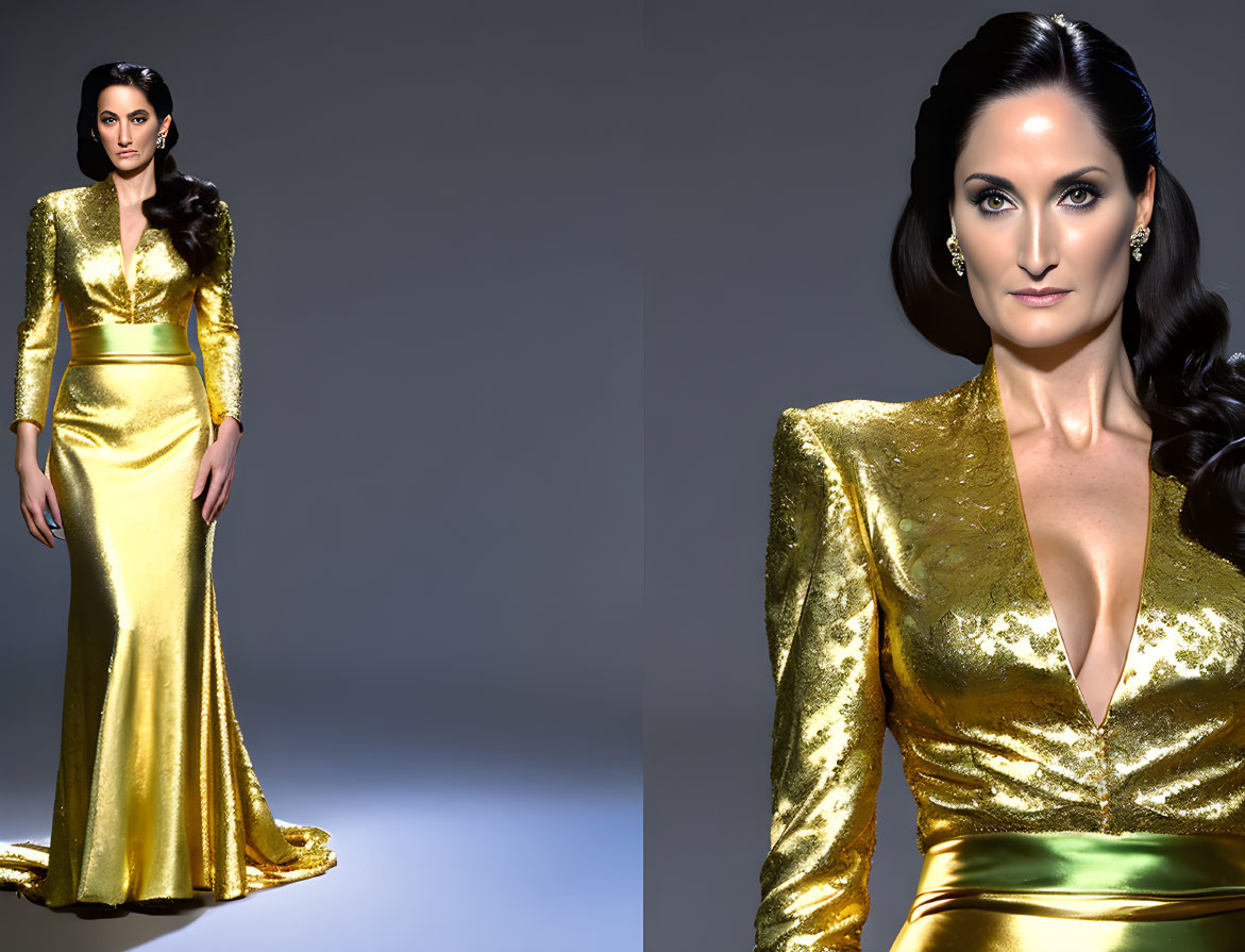 Shimmering gold dress with V-neckline and long sleeves on woman pose.