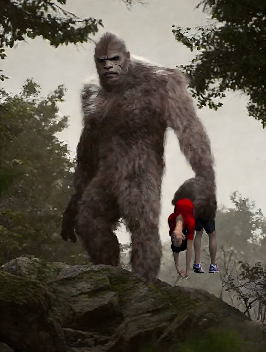 Red-shirted person escorted by ape-like creature in misty forest.