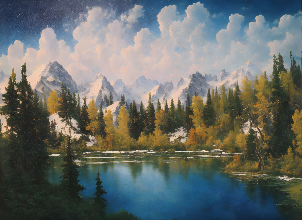 Tranquil landscape: Blue lake, greenery, autumn trees, snow-capped mountains