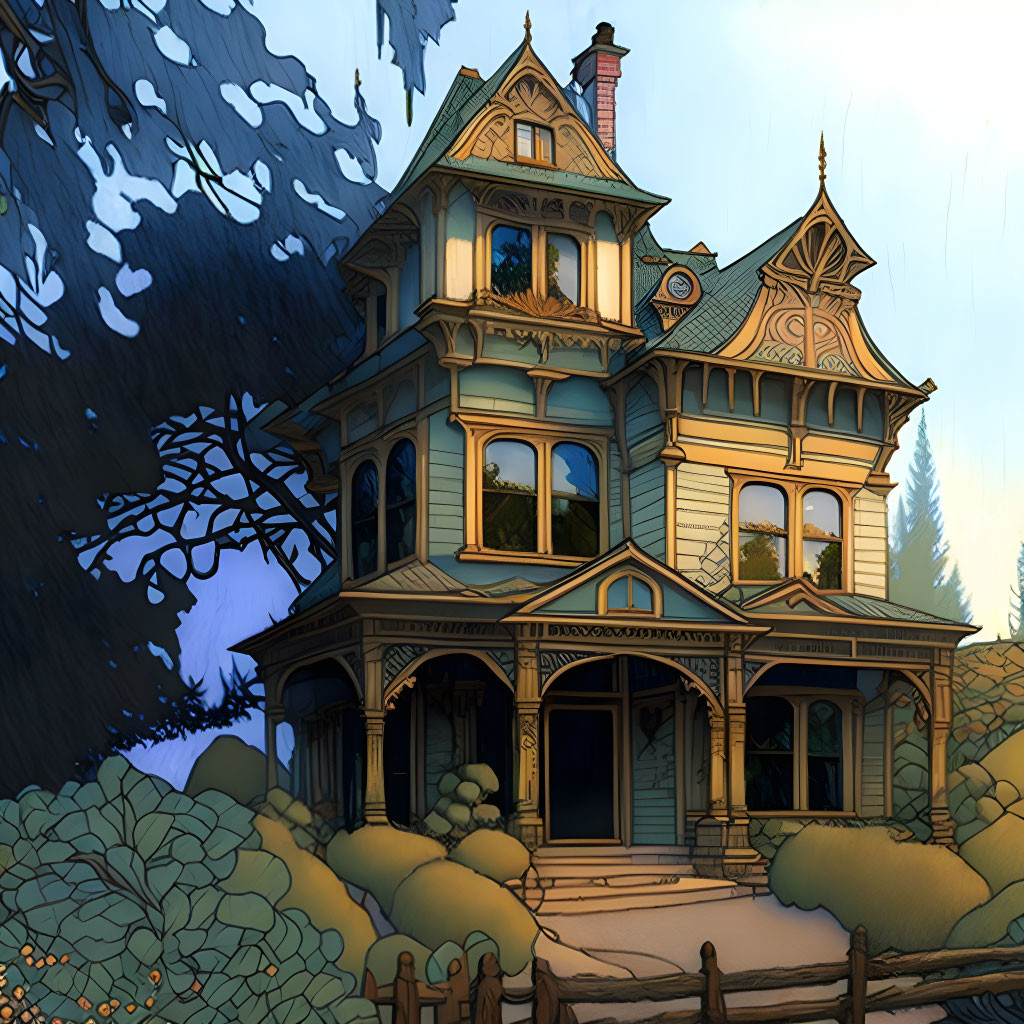 Victorian-style house with intricate woodwork in spooky dusk setting