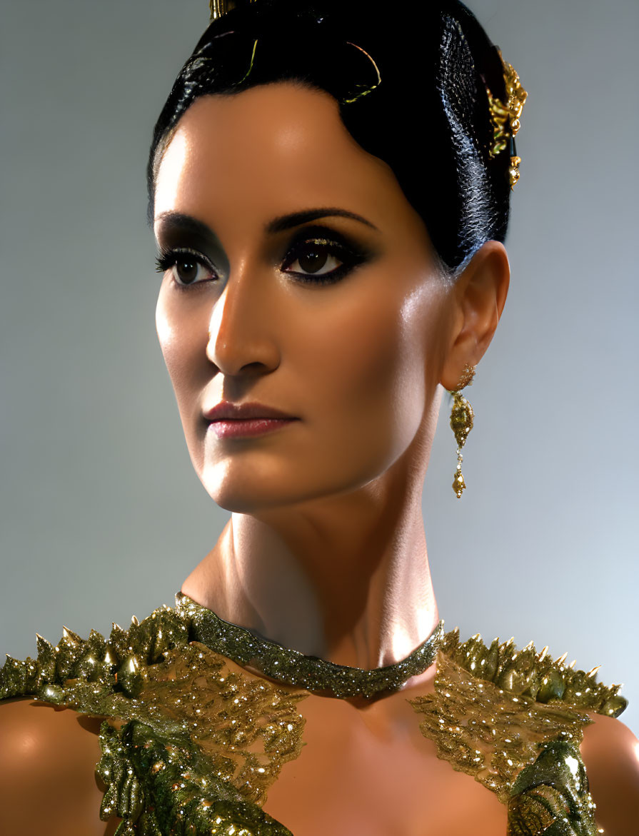 Dark-haired woman in gold accessories and dress against grey backdrop