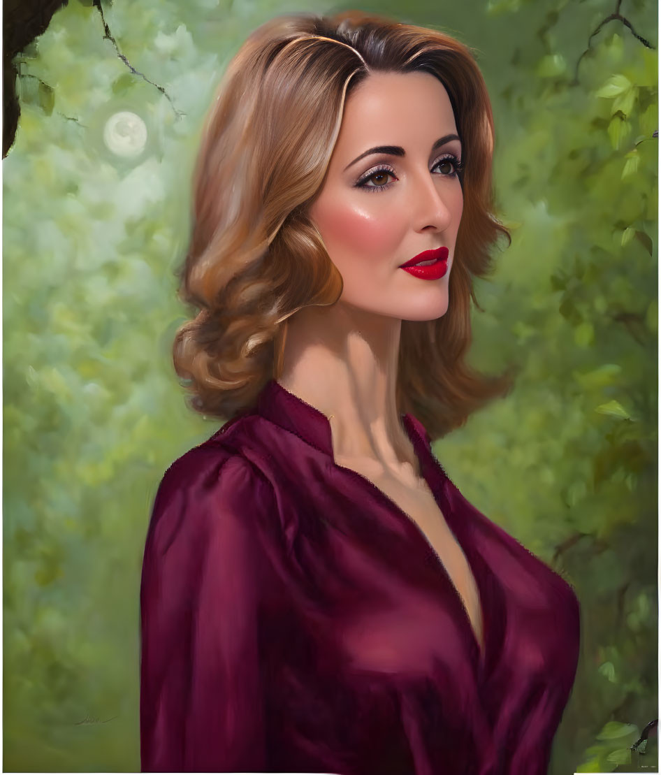 Portrait of woman with wavy hair and red lipstick in purple blouse, looking sideways on blurred nature background