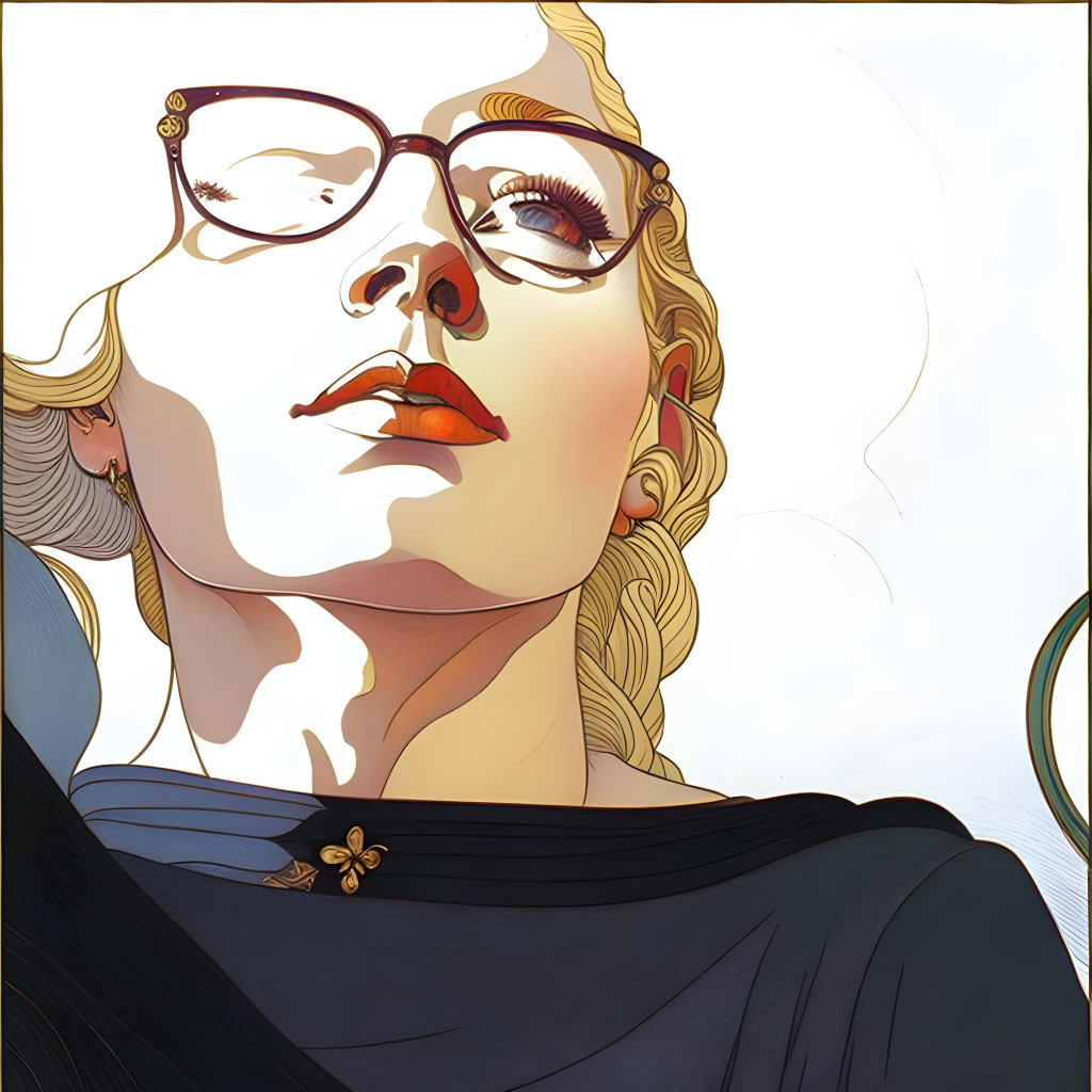 Blonde Woman in Cat-Eye Glasses with Red Lipstick and Blue Outfit Illustration