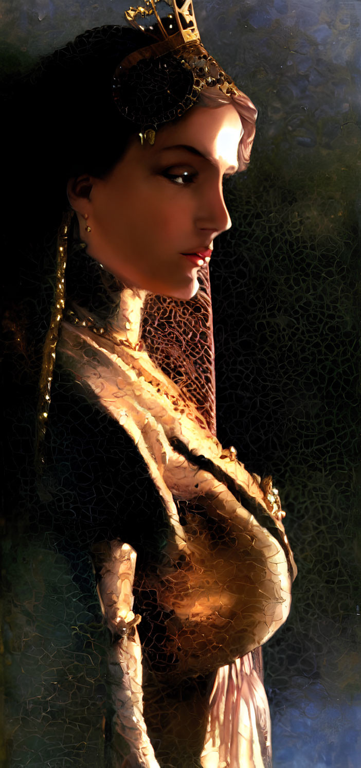 Renaissance woman portrait with crown in dramatic lighting