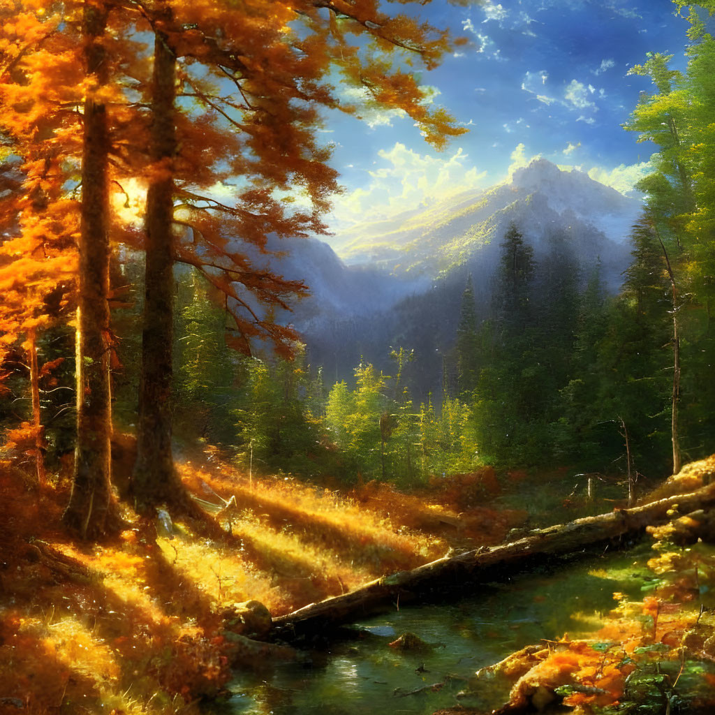 Autumn forest scene with sunlight, stream, and misty mountains