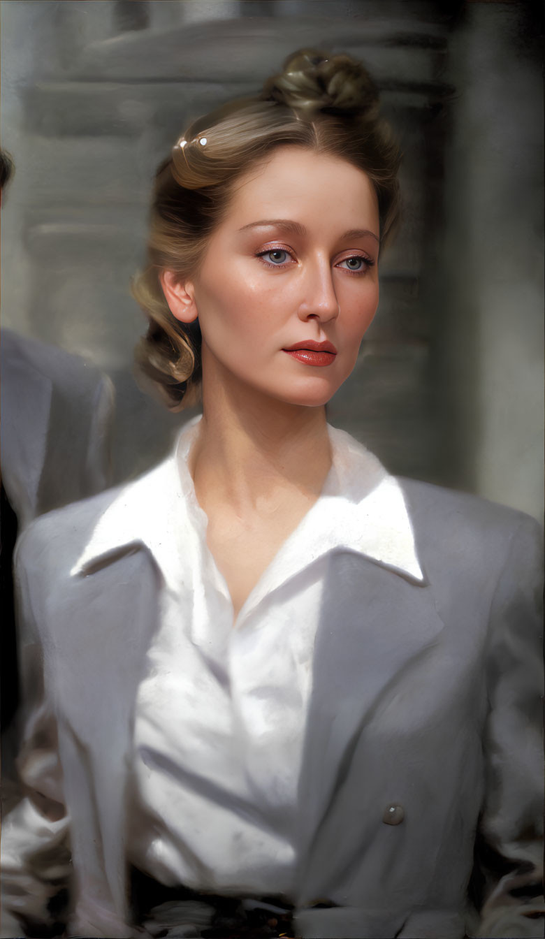 Blonde Woman in Grey Suit with Glasses Headband Portrait