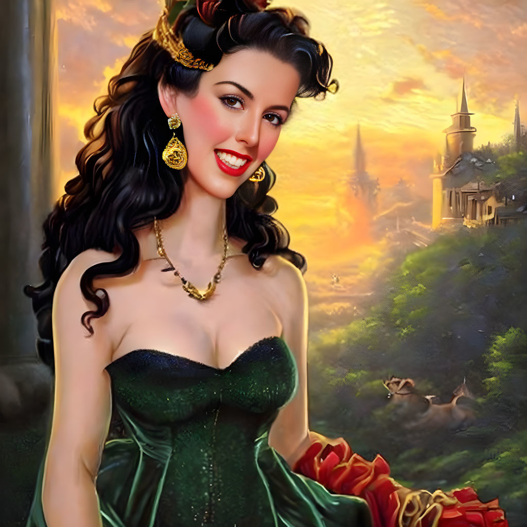 Digital artwork of woman with dark wavy hair in green dress against fantasy sunset with castle