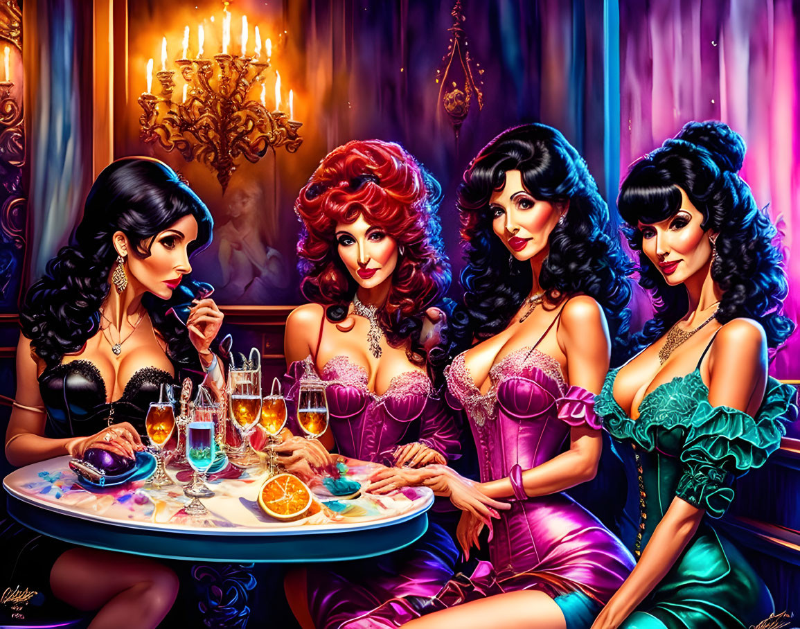 Four animated women in vintage-style dresses at round table with drinks and oranges in opulent room.