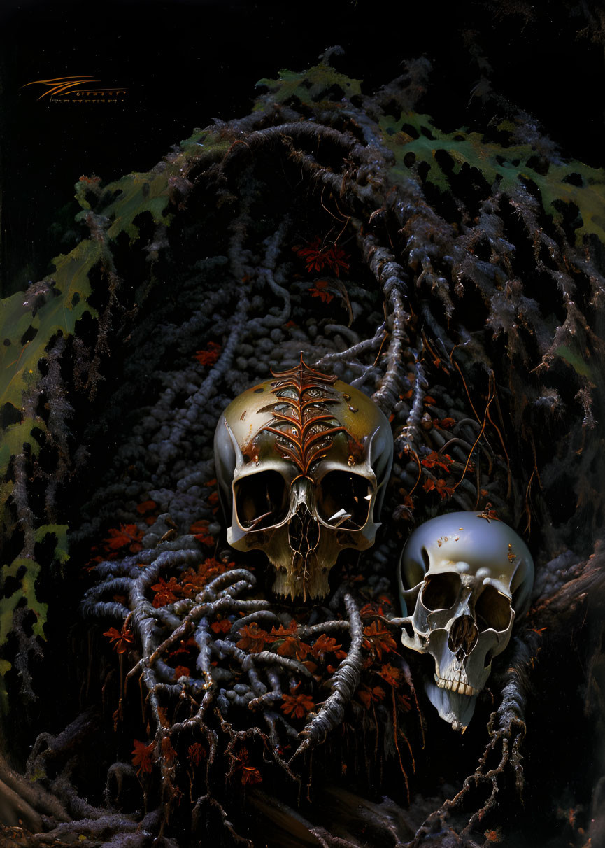 Gothic image: entwined skulls, red-eyed centipedes, moss & decay