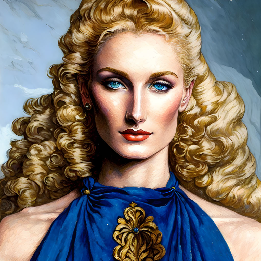 Blonde Woman Illustration in Blue Dress with Gold Detail