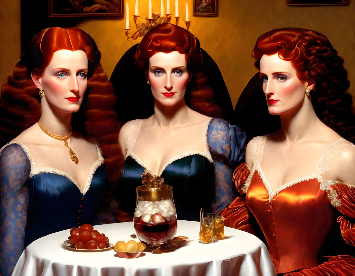 Three red-haired women in formal gowns at table with desserts and drinks