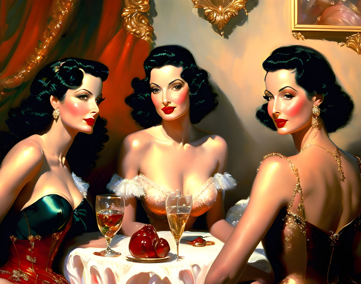 Vintage-themed portrait of three glamorous women at a table with wine glass and red apple.