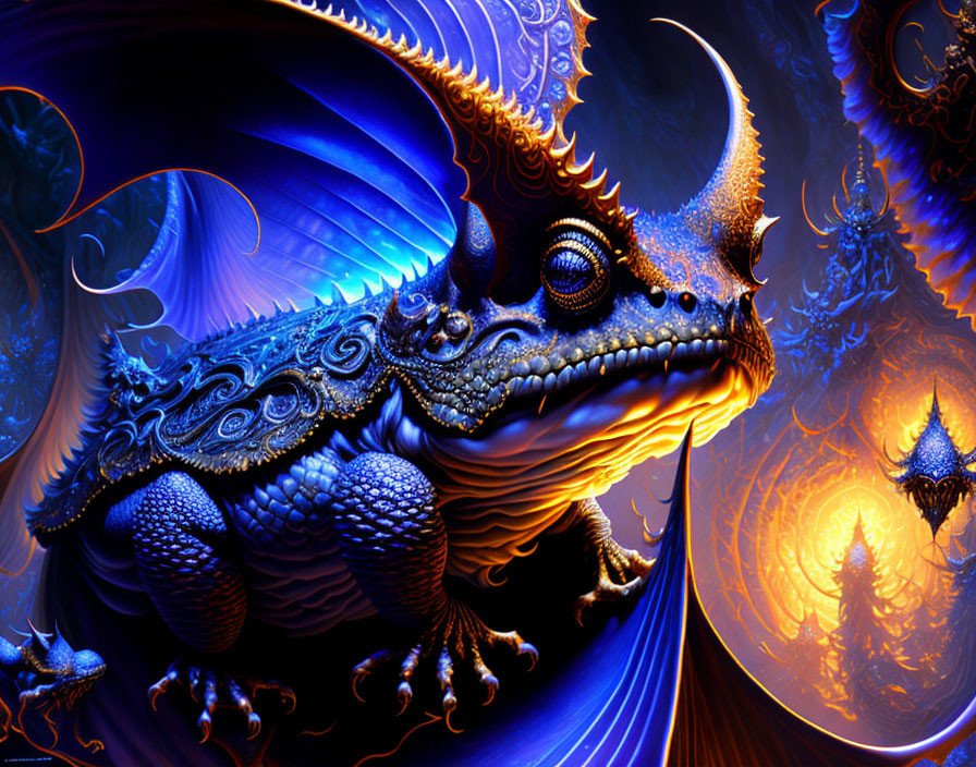 Blue dragon digital artwork with intricate patterns and fiery background