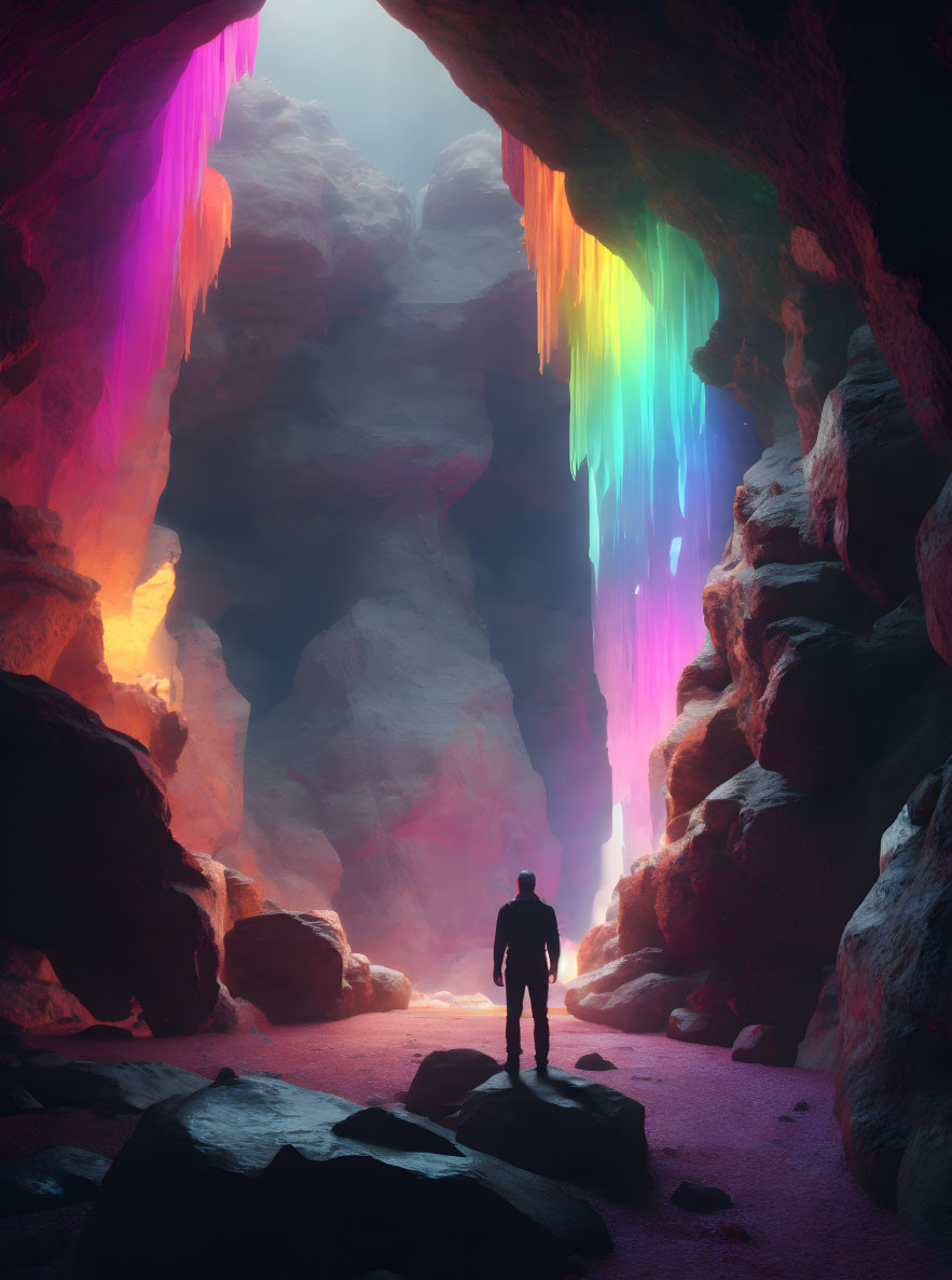 Vibrant neon-colored stalactites in mystical cave