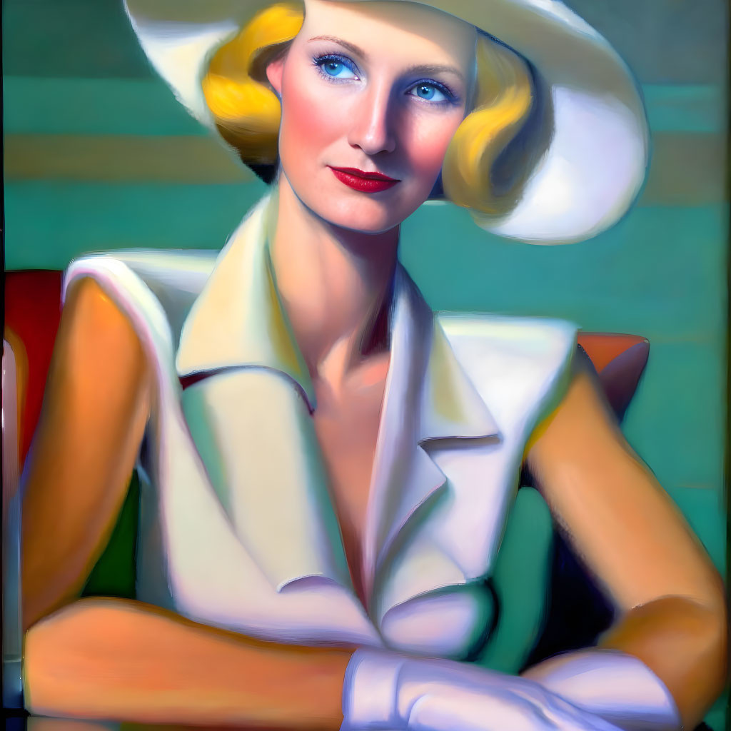 Sophisticated woman in wide-brimmed hat and white suit against red background.