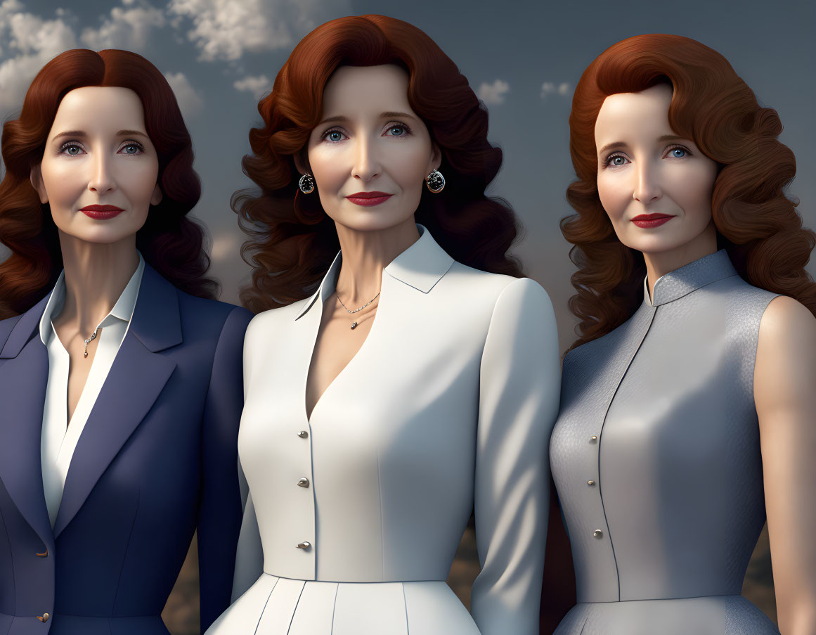 Three animated women with red hair and blue eyes in elegant attire against a cloudy sky