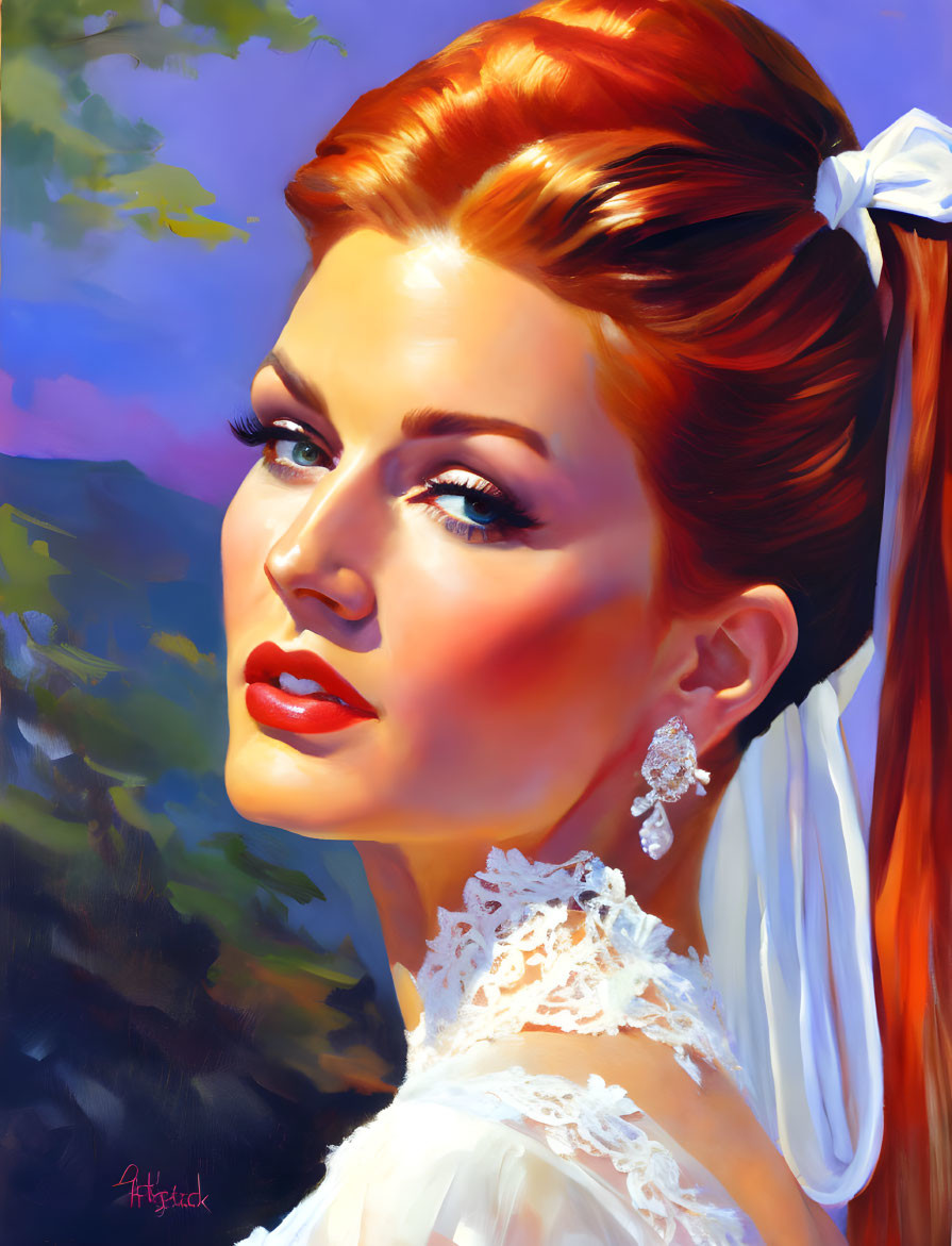 Red-haired woman in white lace and ribbon, blue eyes, nature-themed background.