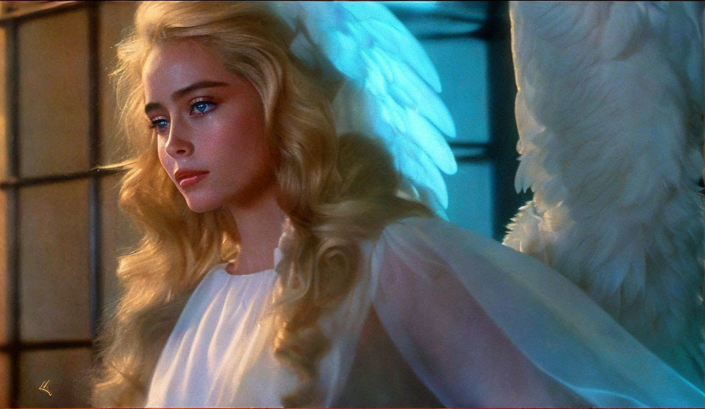 Blonde woman with angel wings in white outfit and warm glow