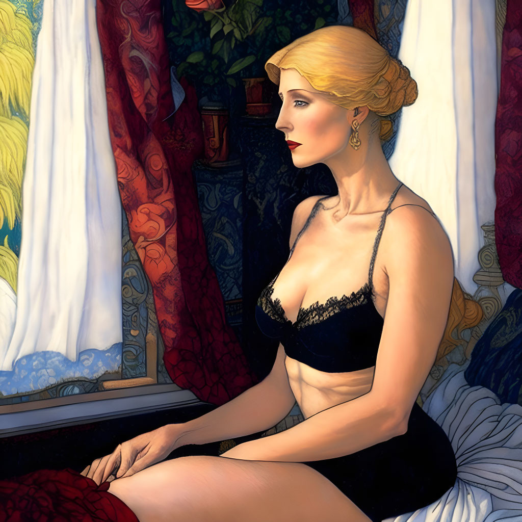 Blonde woman in black lingerie by vibrant window with stained glass