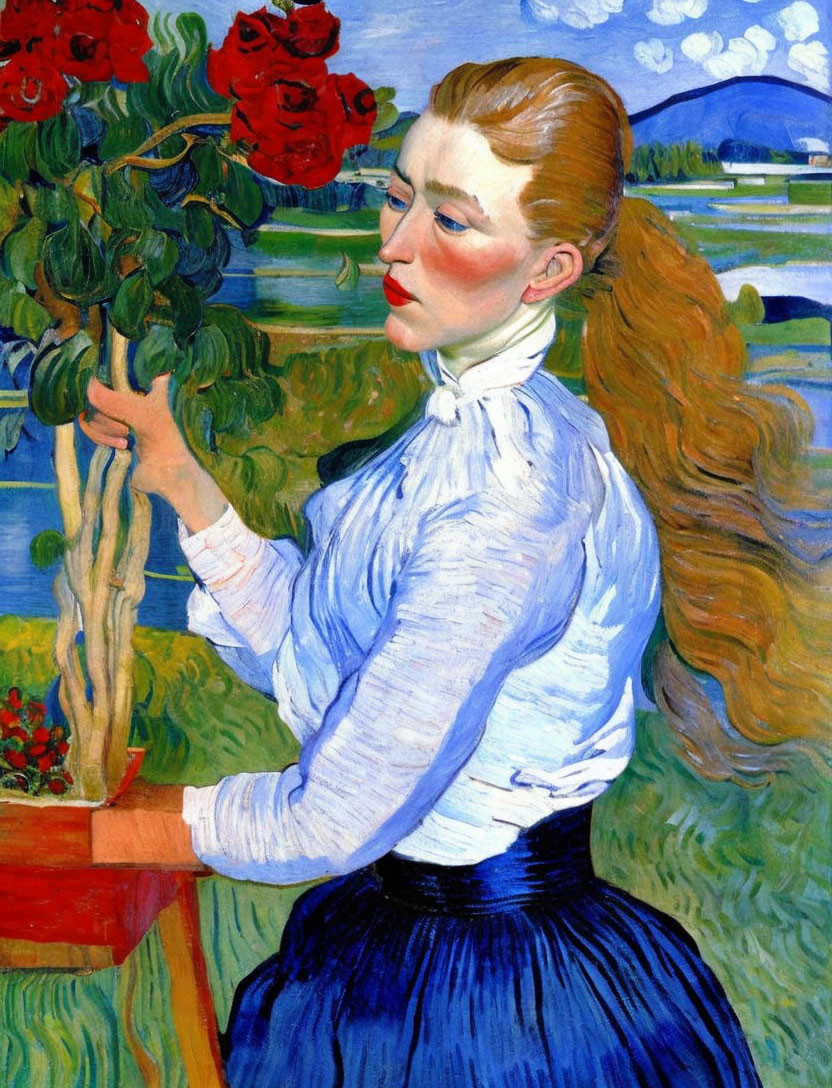 Woman with Red Flower in Blue Blouse Holding Tree Branch in Blue River Landscape