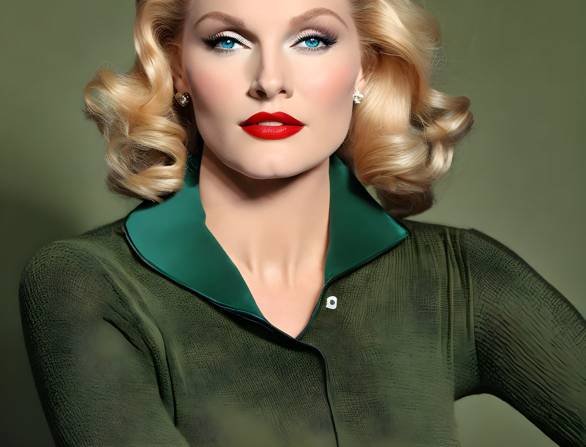 Portrait of woman with wavy blonde hair, red lipstick, blue eyes, green blouse