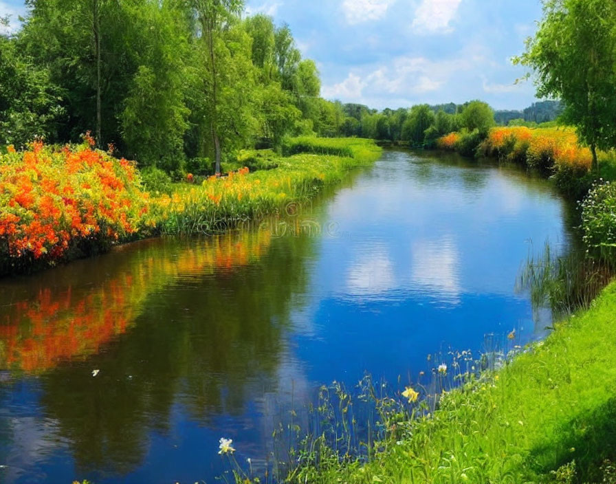 Tranquil river with greenery and orange flowers under blue sky