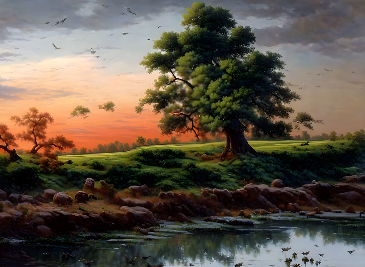 Tranquil Dusk Landscape with Tree, Sheep, Birds, and Pond