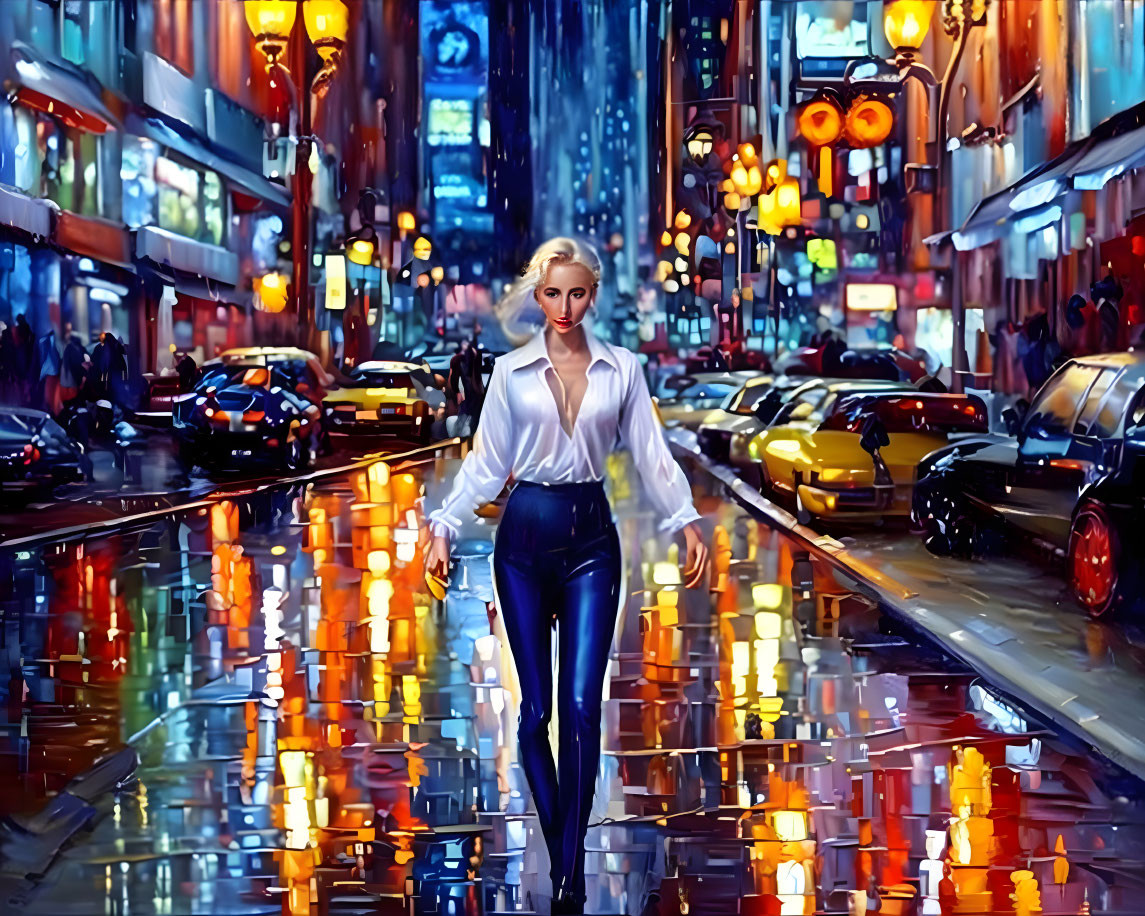 Woman walking down rain-soaked city street at night under neon lights.