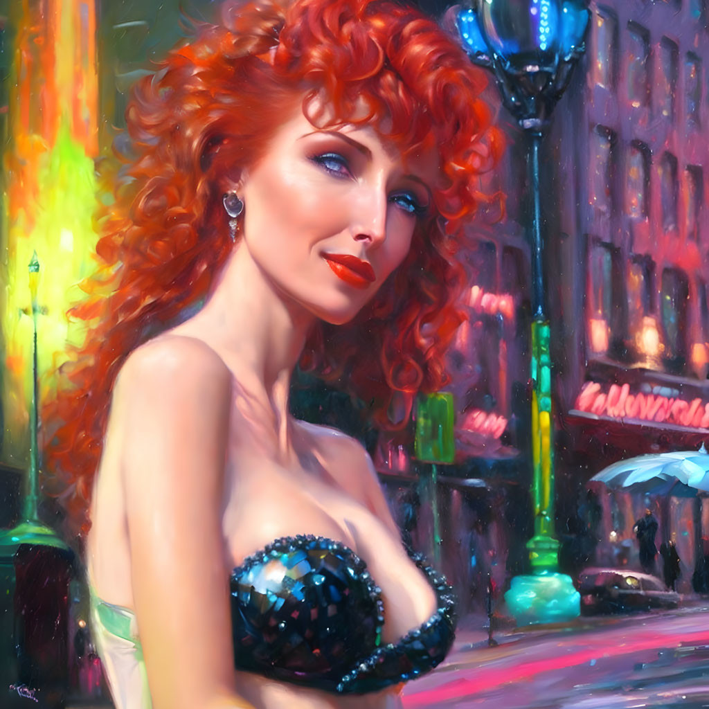 Vibrant red-haired woman in sequined dress against neon cityscape.