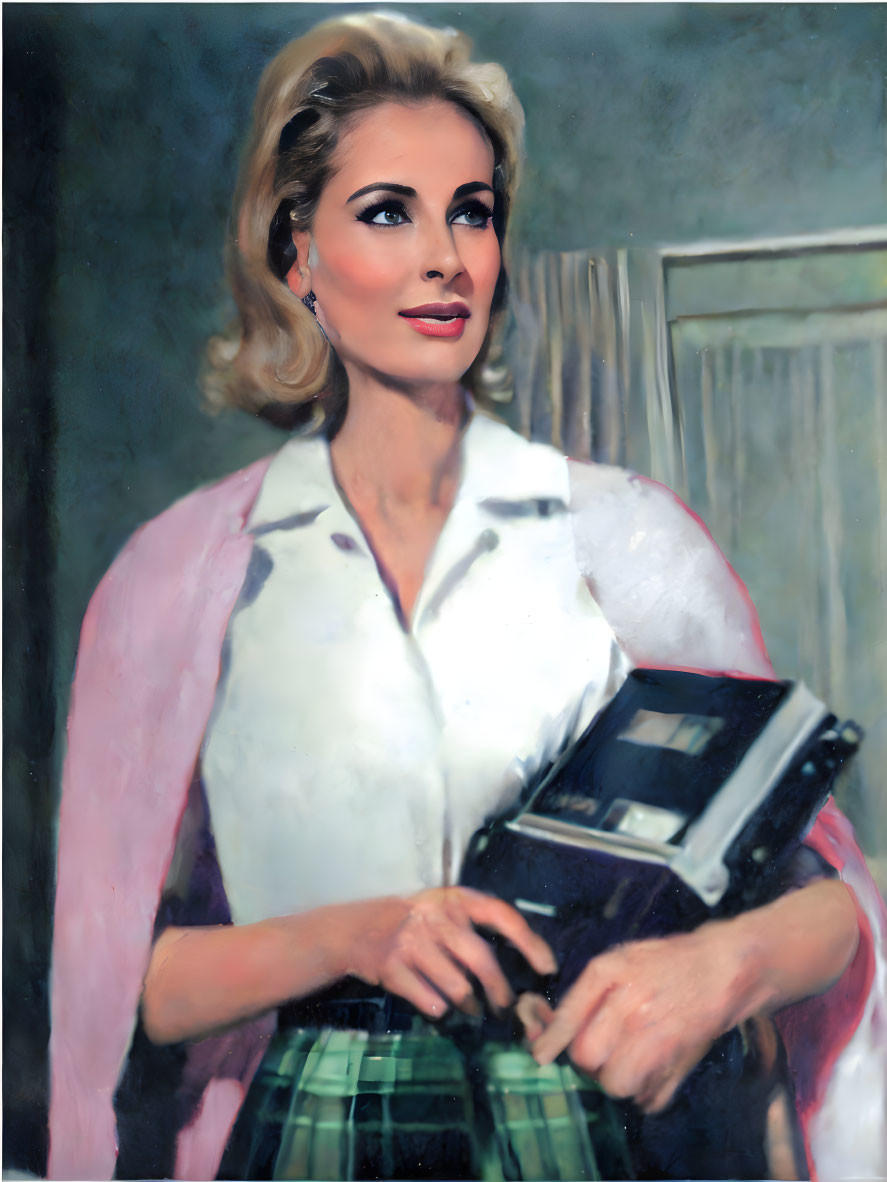 Vintage portrait of woman with blonde hair in white blouse, pink scarf, plaid skirt, and camera