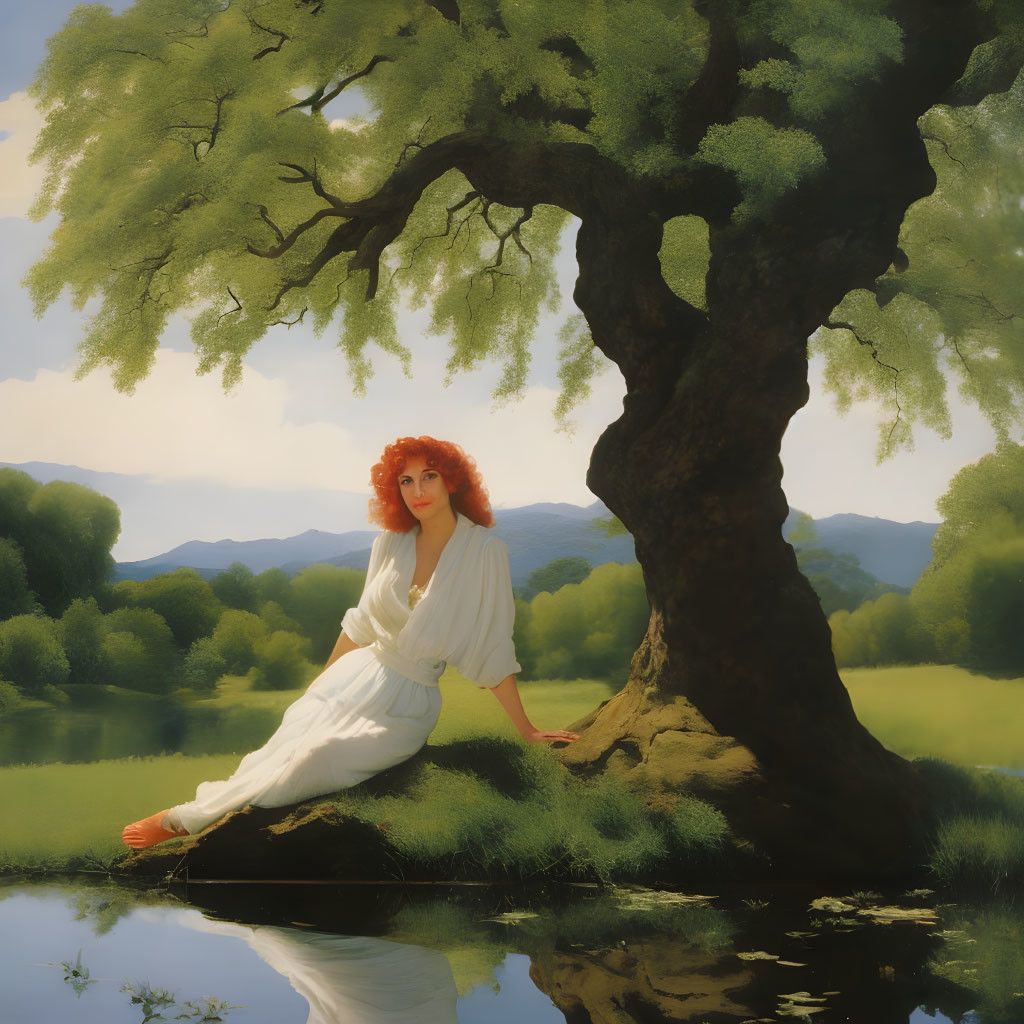 Red-haired woman in white dress under tree by serene pond