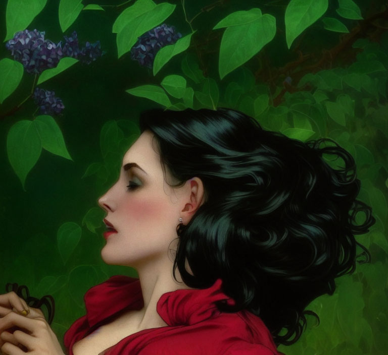 Profile of Woman with Dark Hair and Fair Skin Among Green Leaves and Purple Hydrangea Flowers in