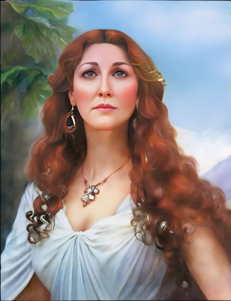 Woman with Long Curly Red Hair in White Garment and Jewelry