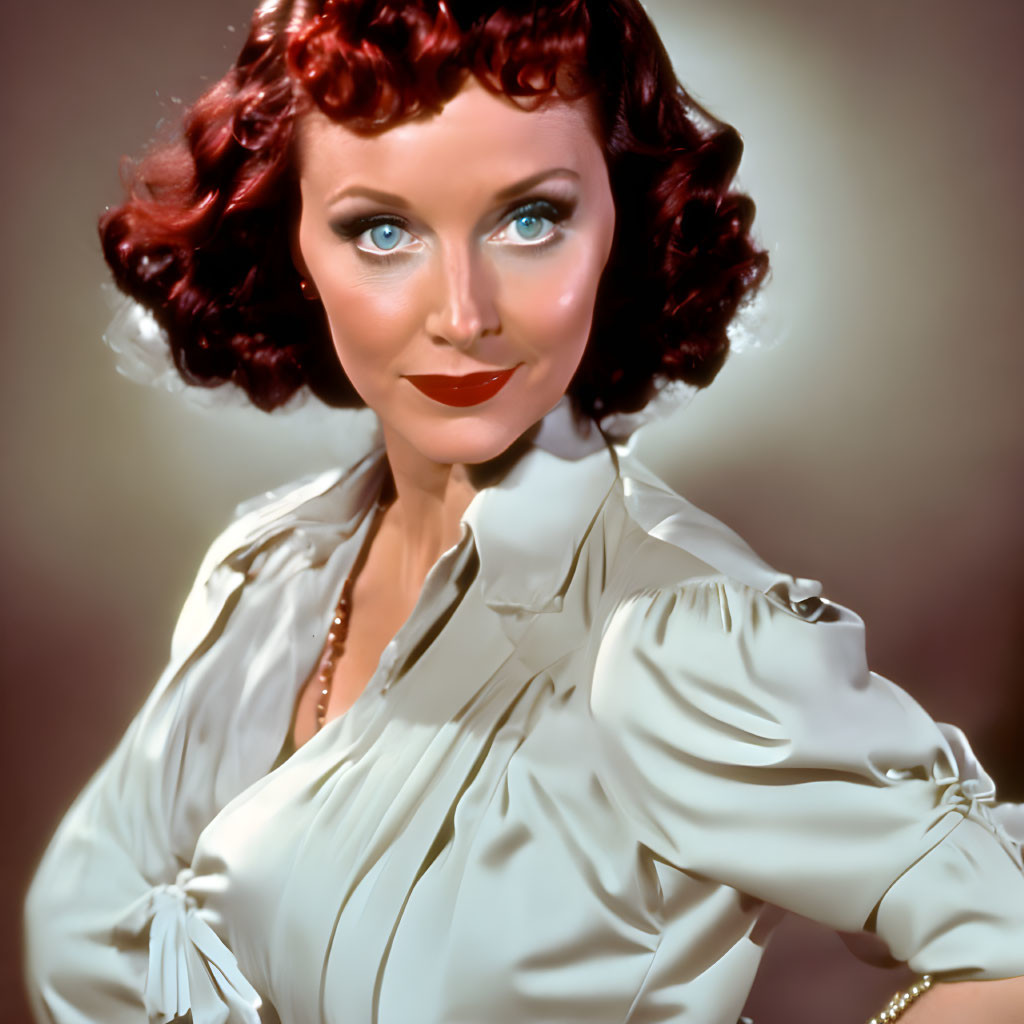 Vintage Portrait: Woman with Red Hair and Blue Eyes in Satin Blouse