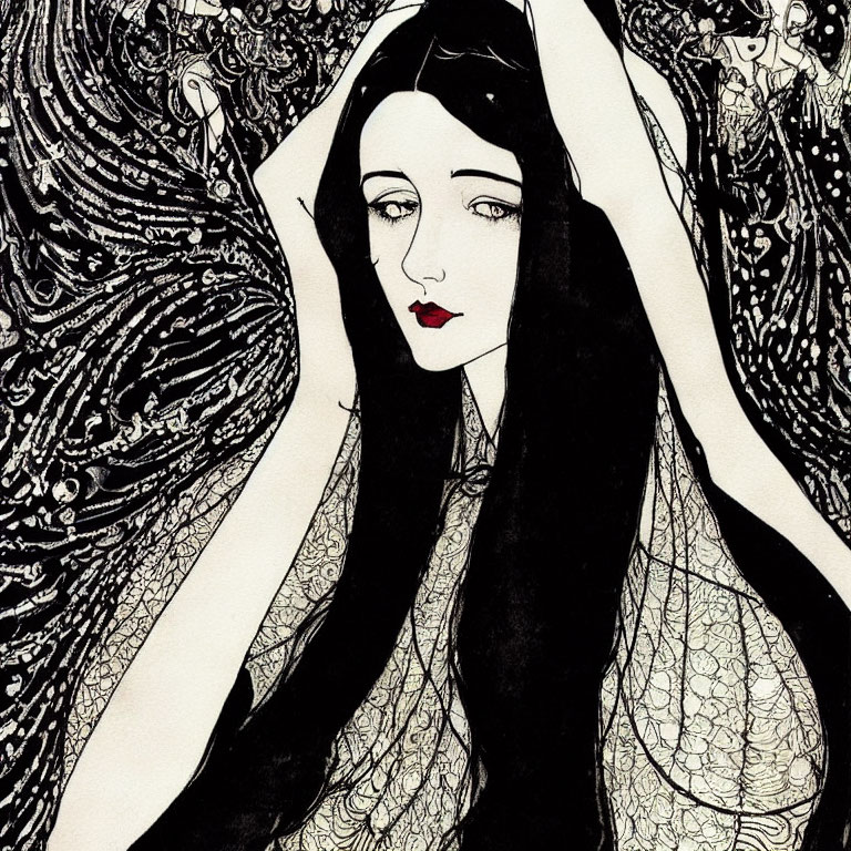 Black-haired woman with red lips in swirling black-and-white illustration