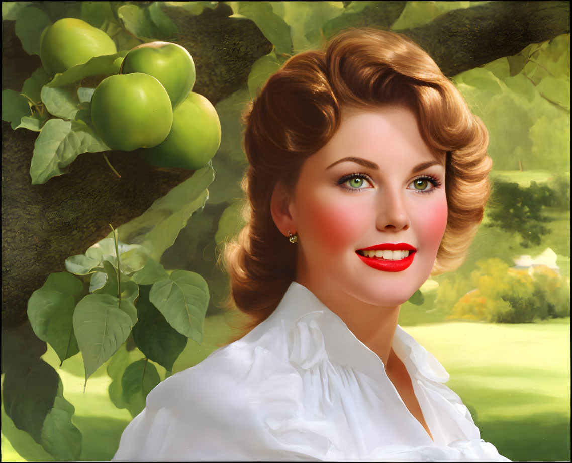 Smiling woman with vintage hairstyle and red lipstick near green apples