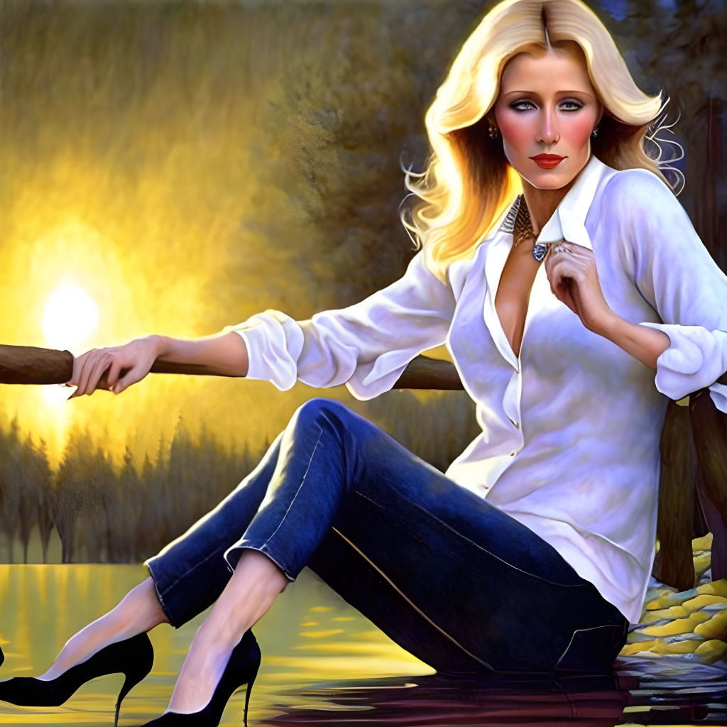 Blonde woman in white shirt and jeans by lake at sunset