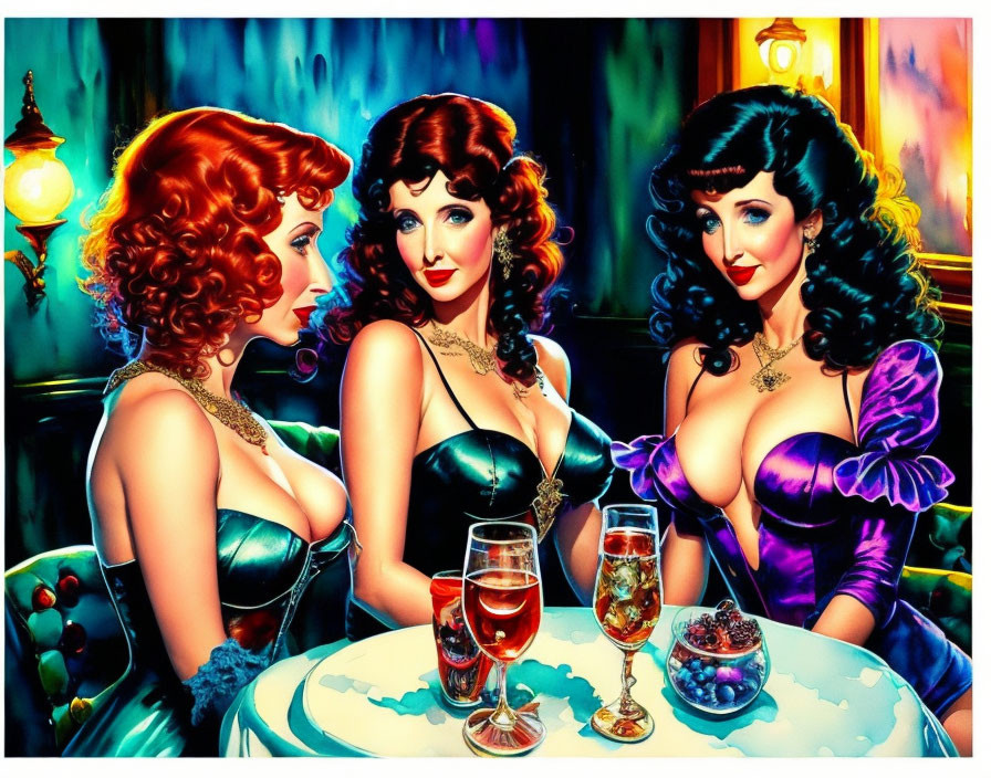 Three women in vintage-style dresses at a table with wine glasses under warm lighting