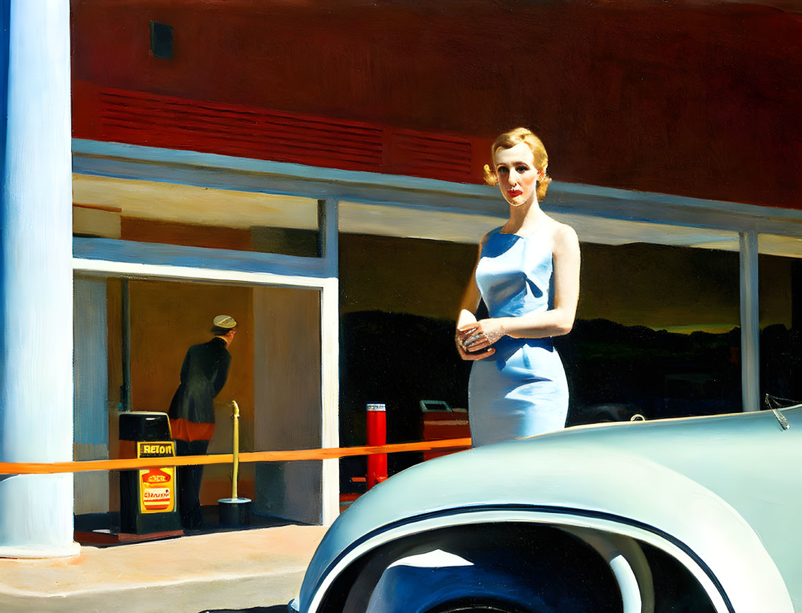 Woman in Blue Dress Beside Vintage Car Painting