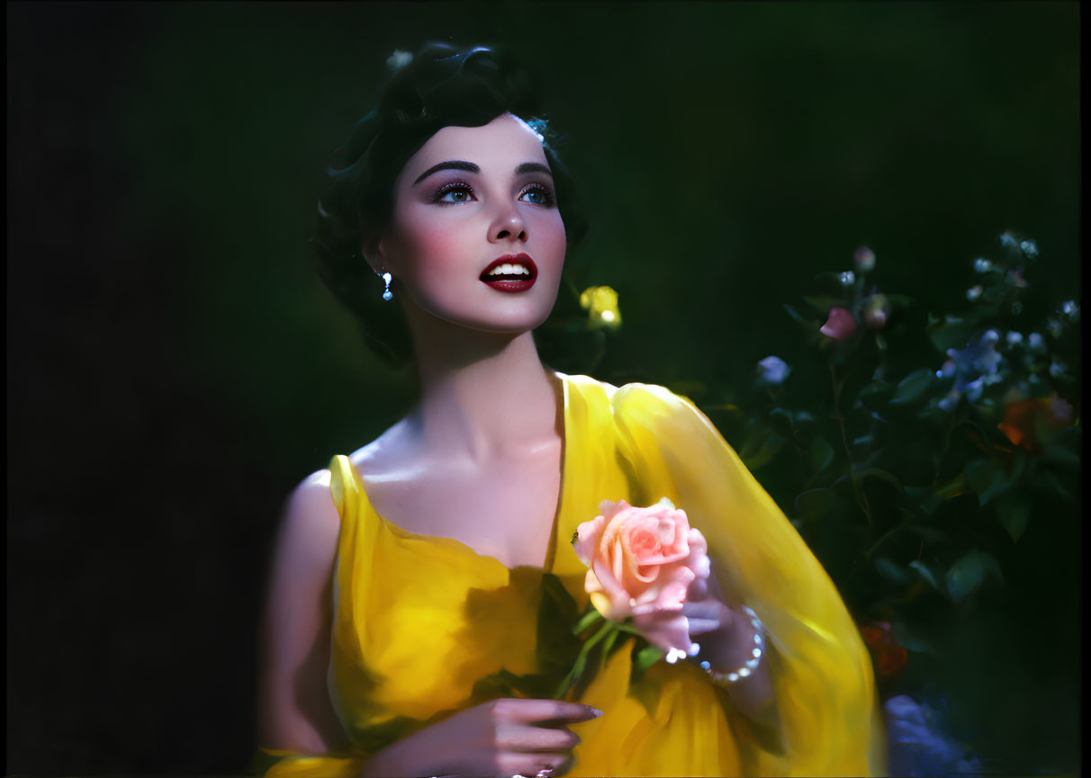 Dark-haired woman in yellow dress holding pink rose in soft floral setting