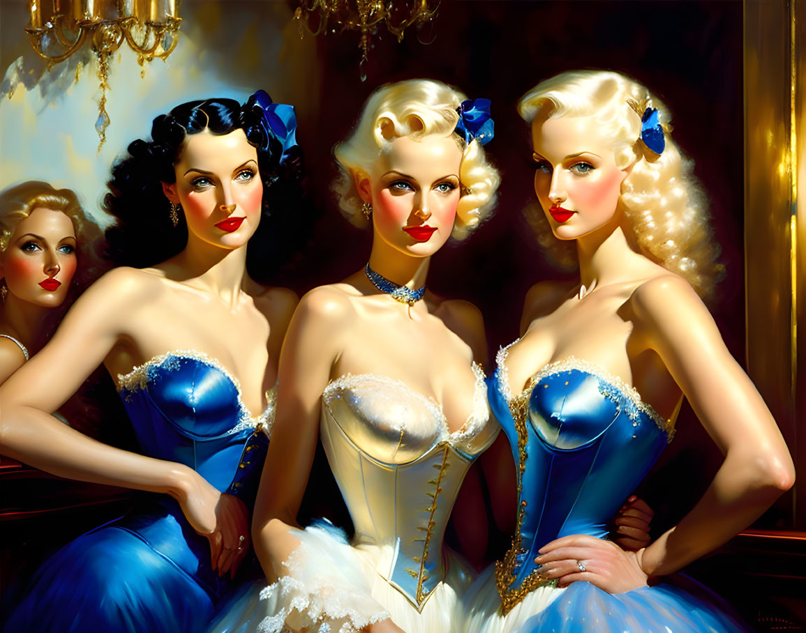 Three women in glamorous blue corseted dresses and retro hairstyles