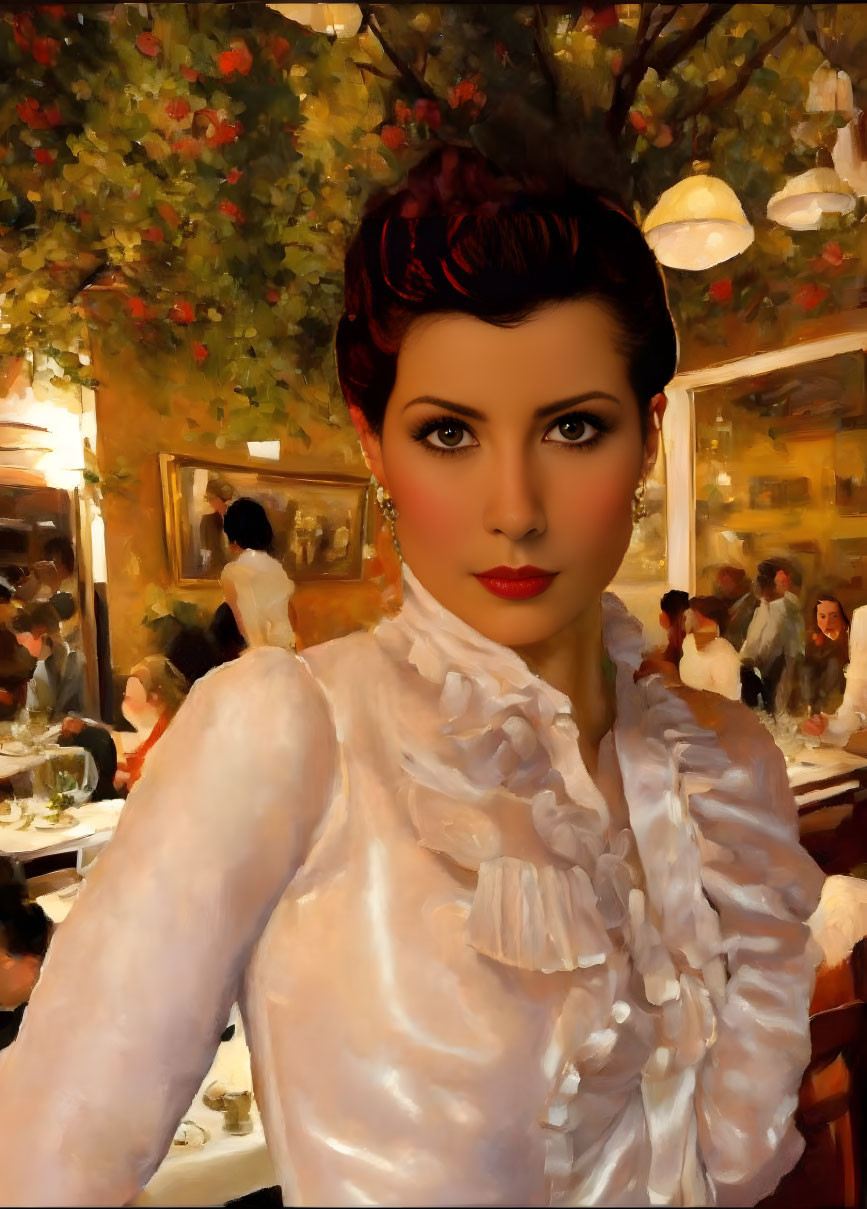 Stylish woman with red hair in white blouse at bustling bistro